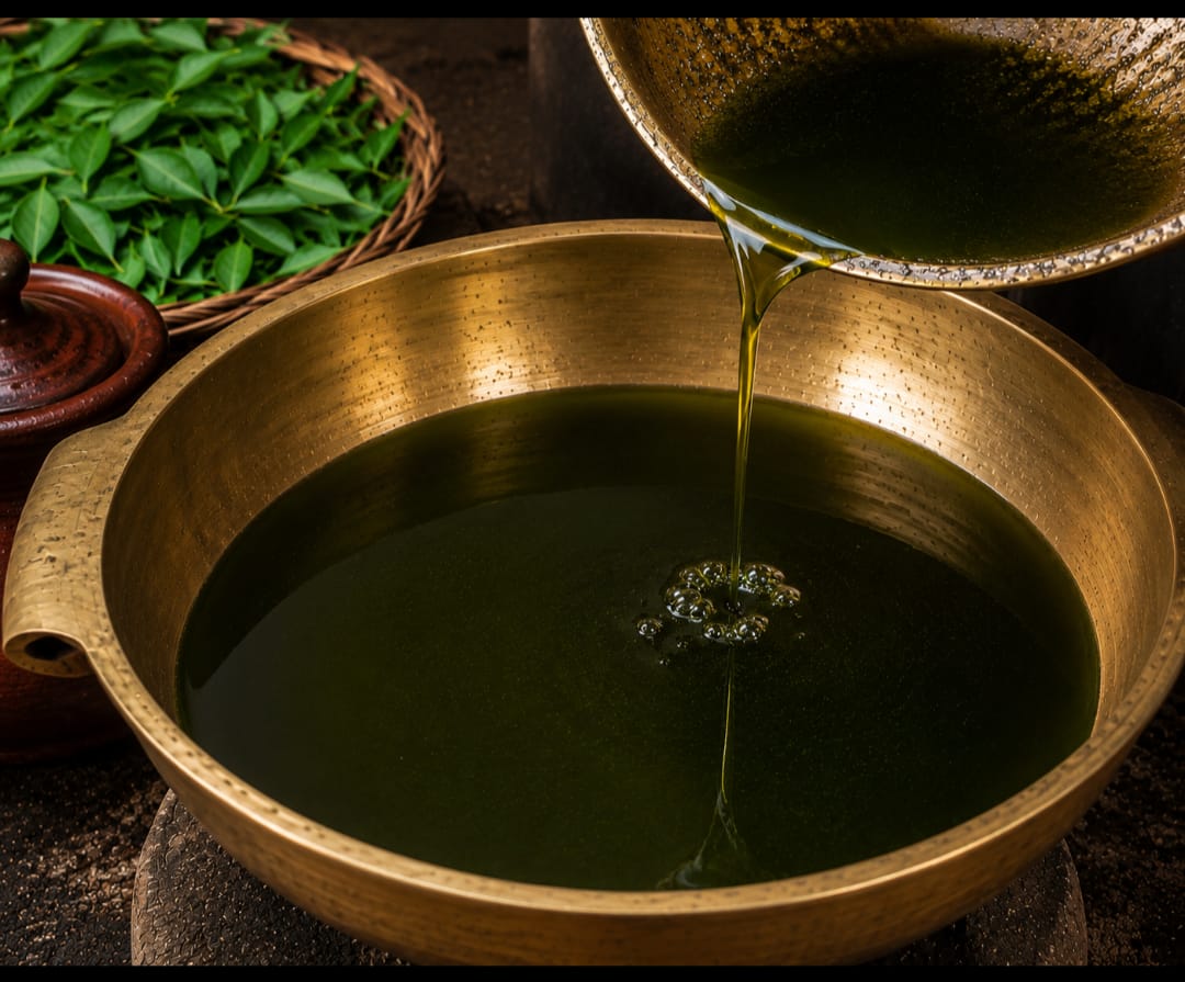 Curry leaf oil being prepared traditionally in a bronze vessel